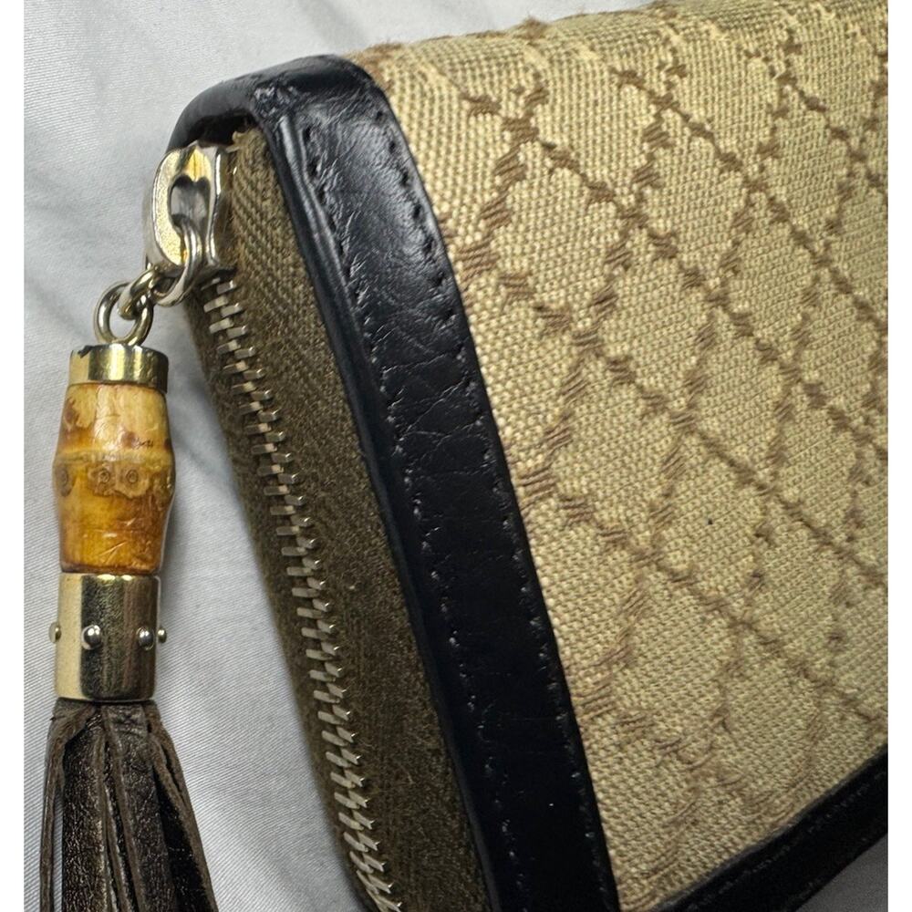 Gucci Bamboo Tassel Zip Around Wallet Beige Canvas Leather Vintage Authentic - Picture 10 of 16